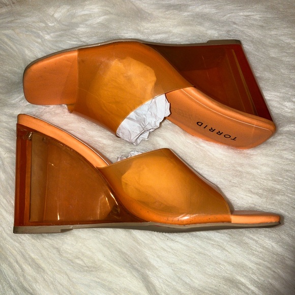 Torrid Sandal Orange Lucite Clear Heels Wedge Mule Slide - Picture 8 of 11